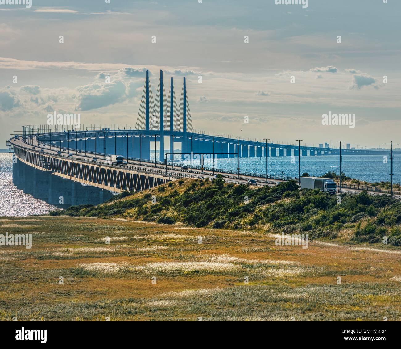 Oresundsbron or Oresund Bridge. Gigantic link between Sweden and Denmark allows nations interconnection via the Oresund channel across the Baltic sea Stock Photo