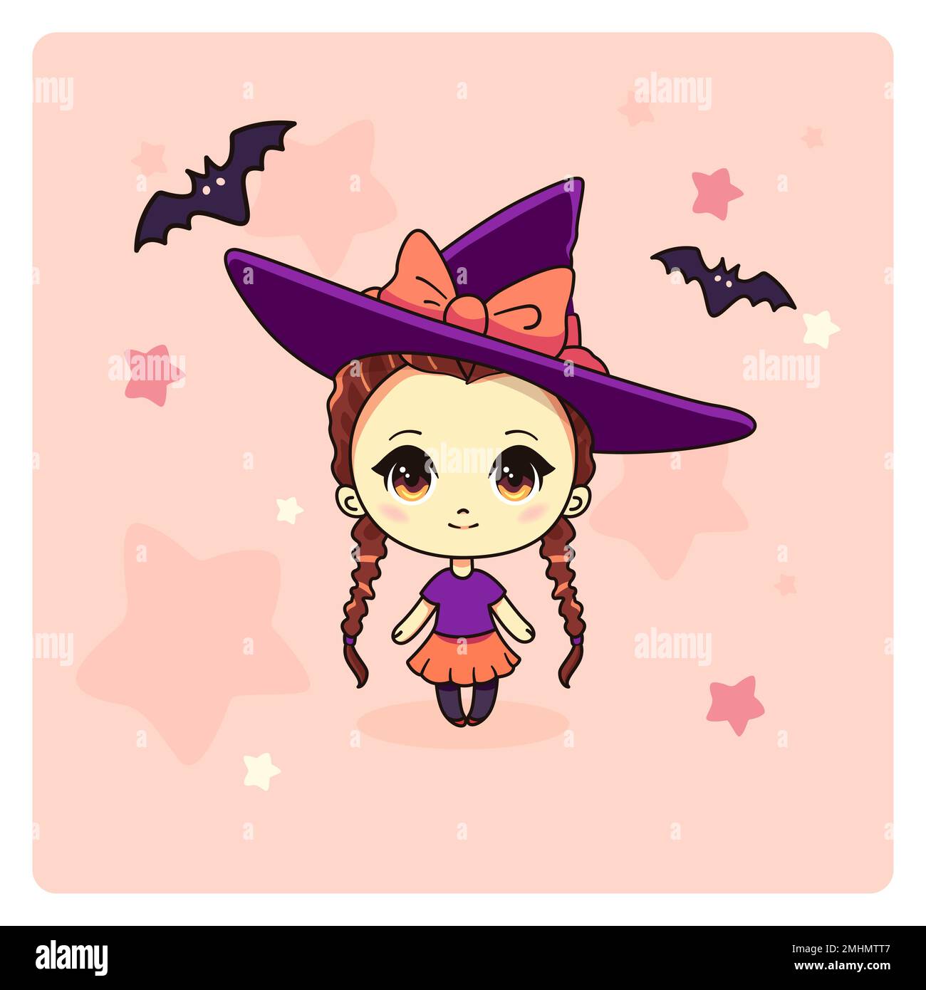 Cute and kawaii chibi Girl. Witch in hat and with bats Stock Vector