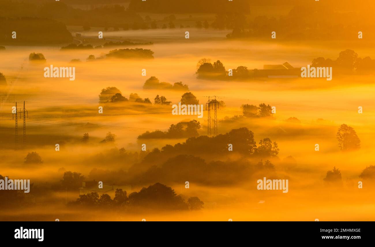 Aerial view of foggy landscape at sunrise Stock Photo - Alamy