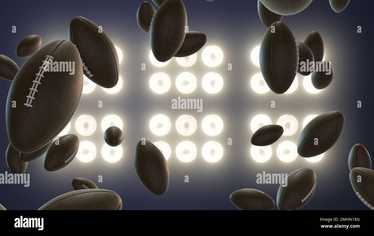 Super bowl football explosion concept on floodlight background 3d illustration Stock Photo Alamy