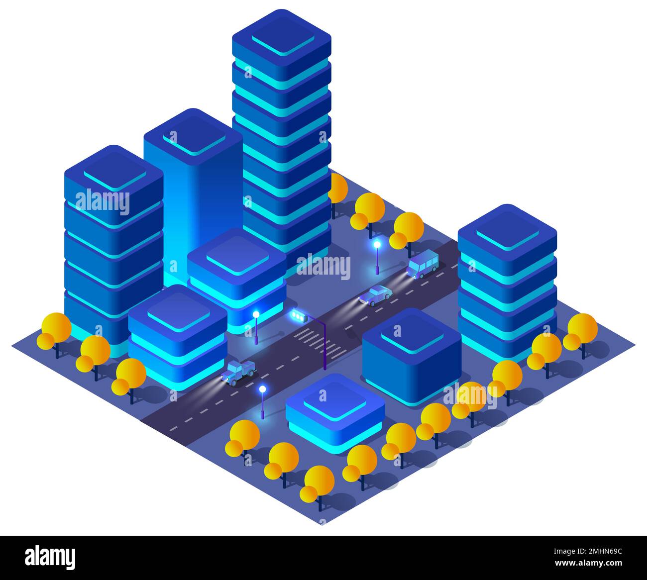 City urban area map Isometric night lights ultraviolet 3D illustration
