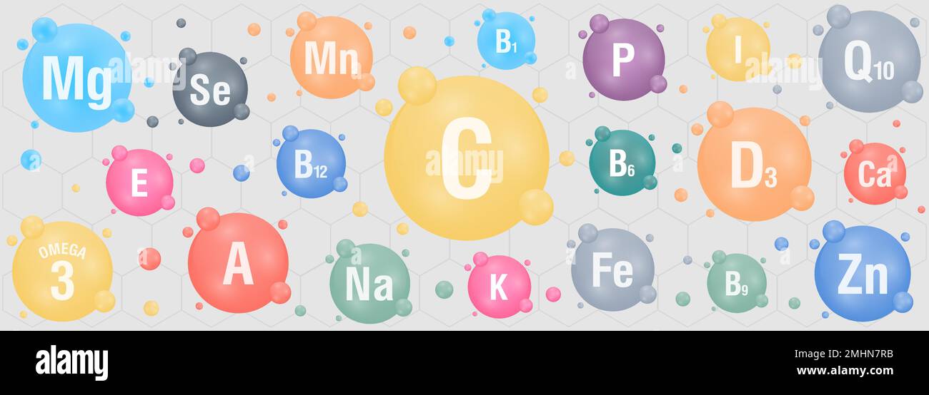 Essential vitamin and mineral complex. Vector creative design with
