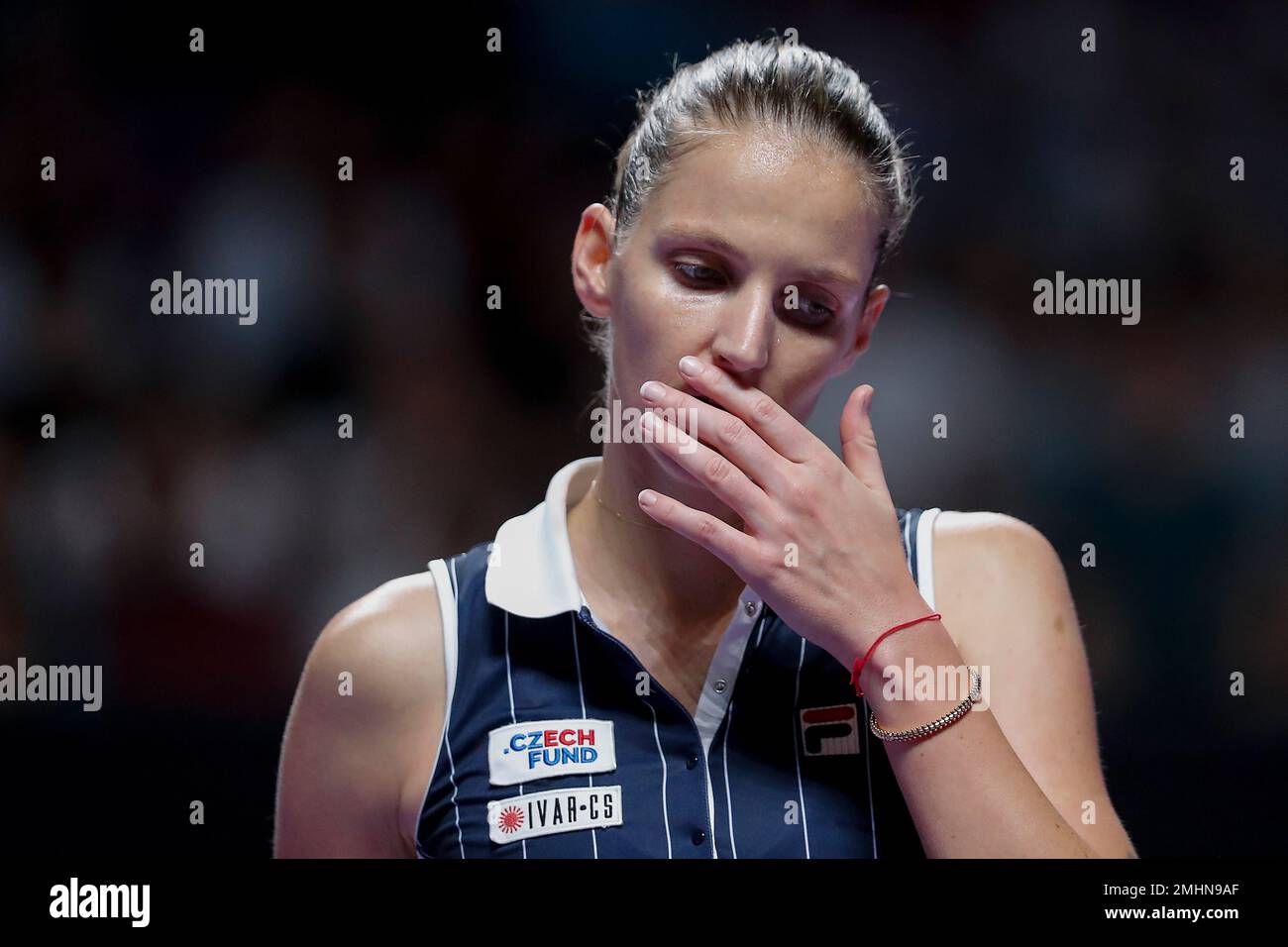 Karolina Pliskova of the Czech Republic reacts as she plays against Ashleigh Barty of Australia during the WTA Finals Tennis Tournament at the Shenzhen Bay Sports Center in Shenzhen, Chinas Guangdong province,