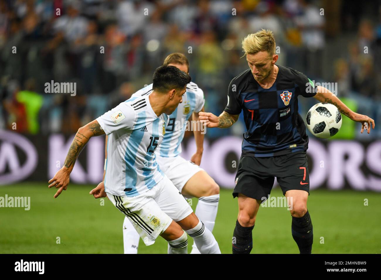 NIZHNIY NOVGOROD, RUSSIA - JUNE 21: Enzo Perez of Argentina and Ivan Rakitic during the 2018 FIFA World Cup Russia group D, Argentina and Croatia Stock Photo