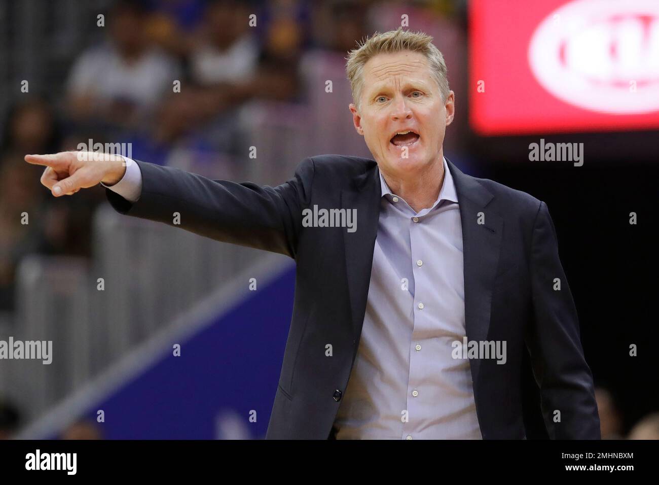 Golden State Warriors coach Steve Kerr gestures during the second half
