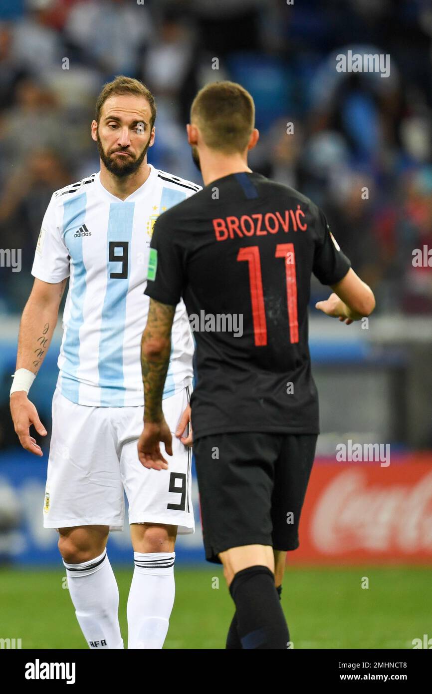 NIZHNIY NOVGOROD, RUSSIA - JUNE 21: Gonzalo Higuain of Argentina and Marcelo Brozovic after the 2018 FIFA World Cup Russia group D match ARG and CRO Stock Photo