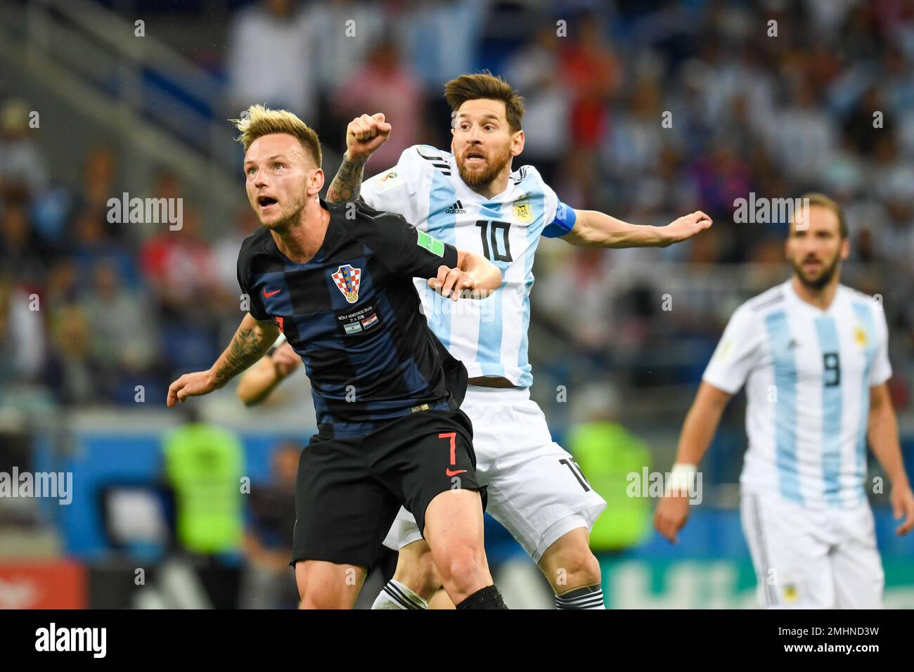 NIZHNIY NOVGOROD, RUSSIA - JUNE 21: Ivan Rakitic of Croatia vs Lionel Messi of Argentina during the 2018 FIFA World Cup Russia group D Stock Photo