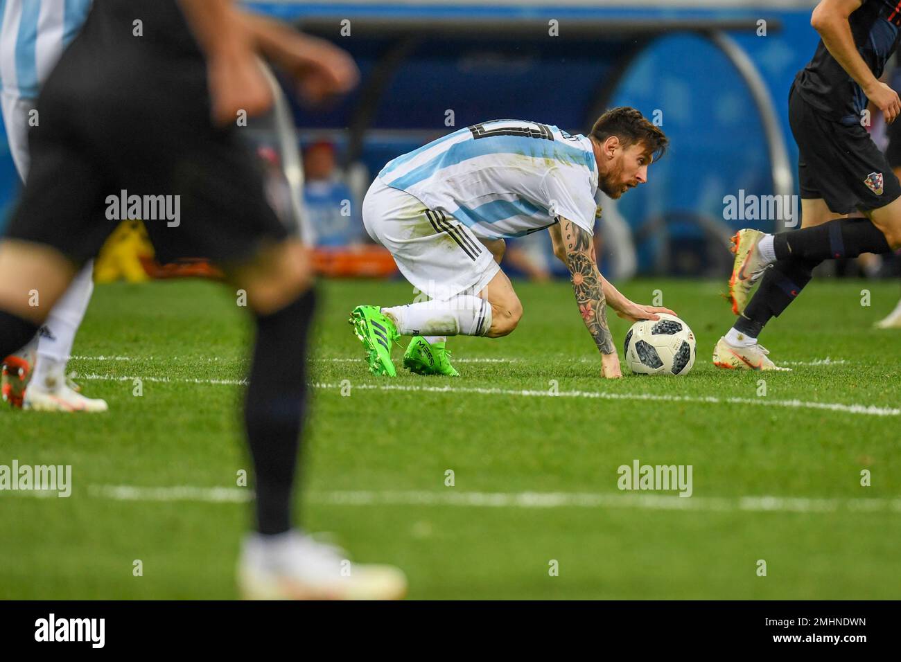 NIZHNIY NOVGOROD, RUSSIA - JUNE 21: Lionel Messi of Argentina during the 2018 FIFA World Cup Russia group D match between Argentina and Croatia Stock Photo