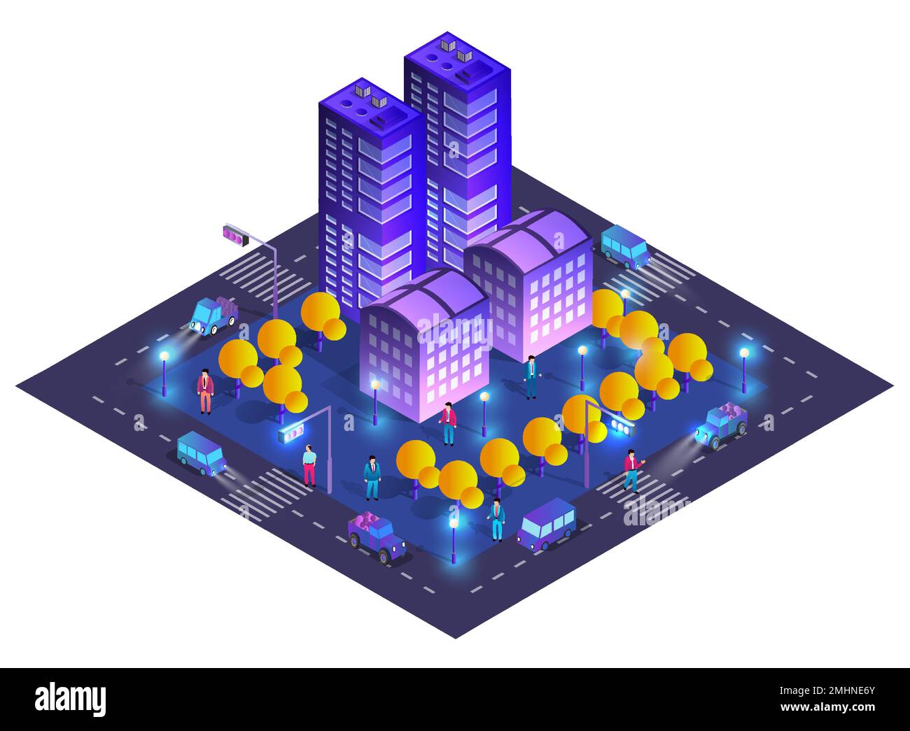 City urban area map Isometric night lights ultraviolet 3D illustration