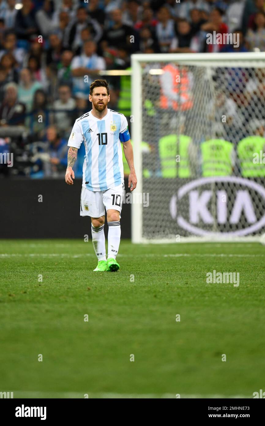NIZHNIY NOVGOROD, RUSSIA - JUNE 21: Lionel Messi of Argentina during the 2018 FIFA World Cup Russia group D match between Argentina and Croatia Stock Photo