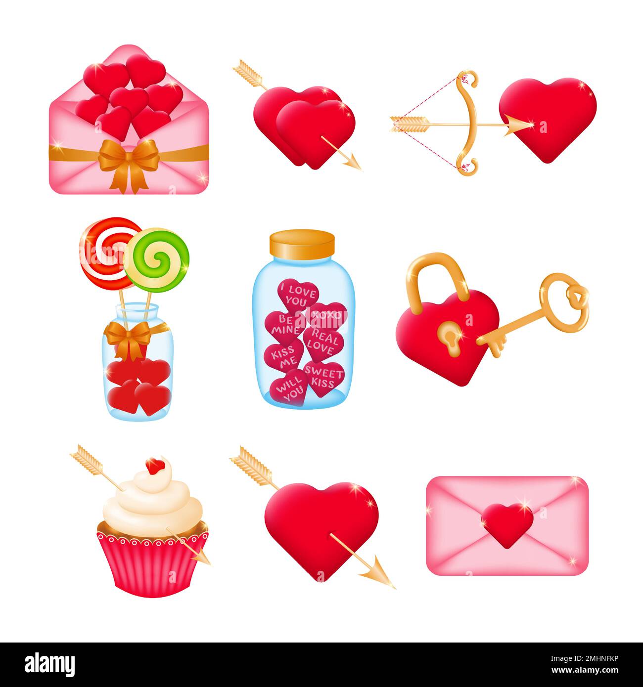 Set of 3D icons for Valentines Day on a white background. Heart love symbols, love message, red heart lock with key, cupids bow and arrow, jar of hear Stock Vector