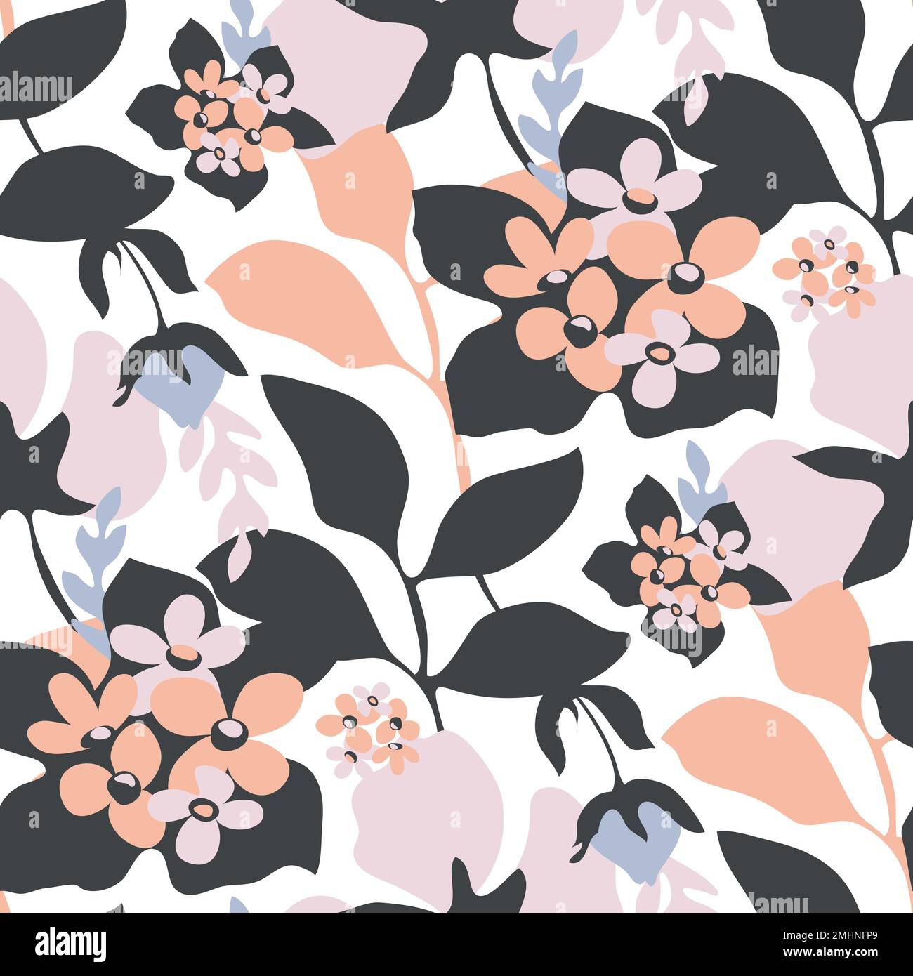 Vector floral seamless pattern. Blue, pink, dark and beige flowers and leaves Stock Vector