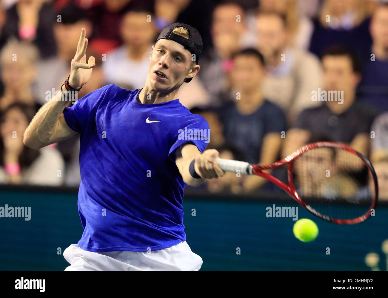 Canadian Denis Shapovalov returns the ball to German Alexander Zverev during the 3rd round match of the Paris Masters tennis tournament in Paris, France, Thursday, Oct