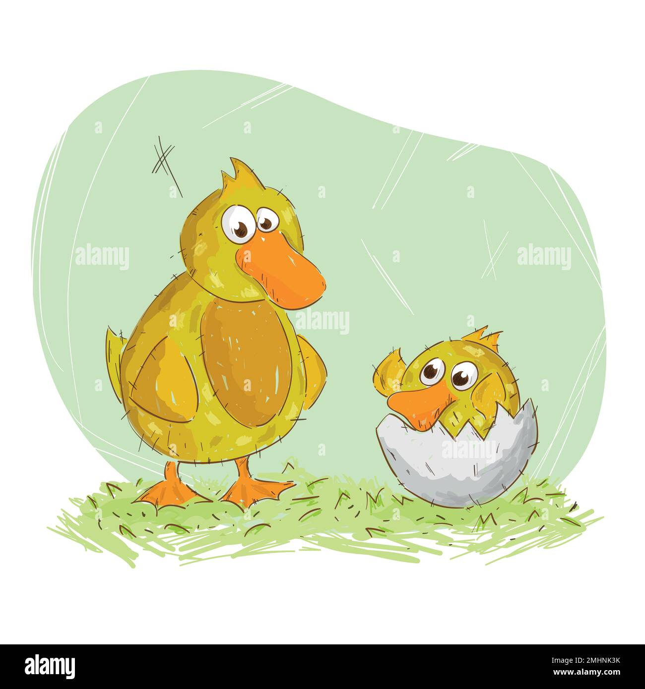 Cute vector illustration of a duckling father with his newborn baby inside the egg shell. The baby duckling asks the father to pick him up. Father's d Stock Vector
