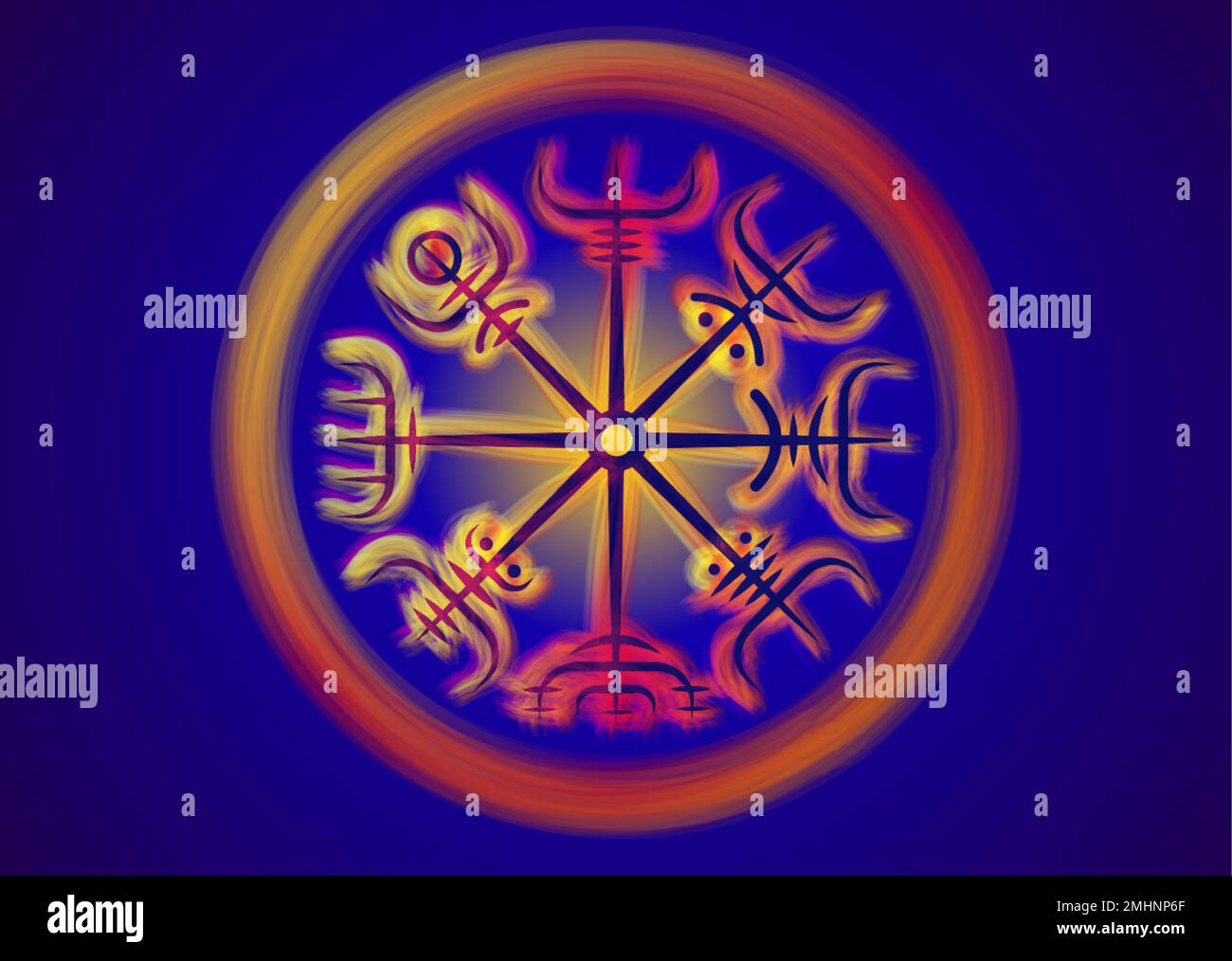 Viking Pagan Compass, Sacred Vegvisir of fire, navigation runic compass, Norse Mythology. Protective talisman for travelers. Magical Navigator Stock Vector