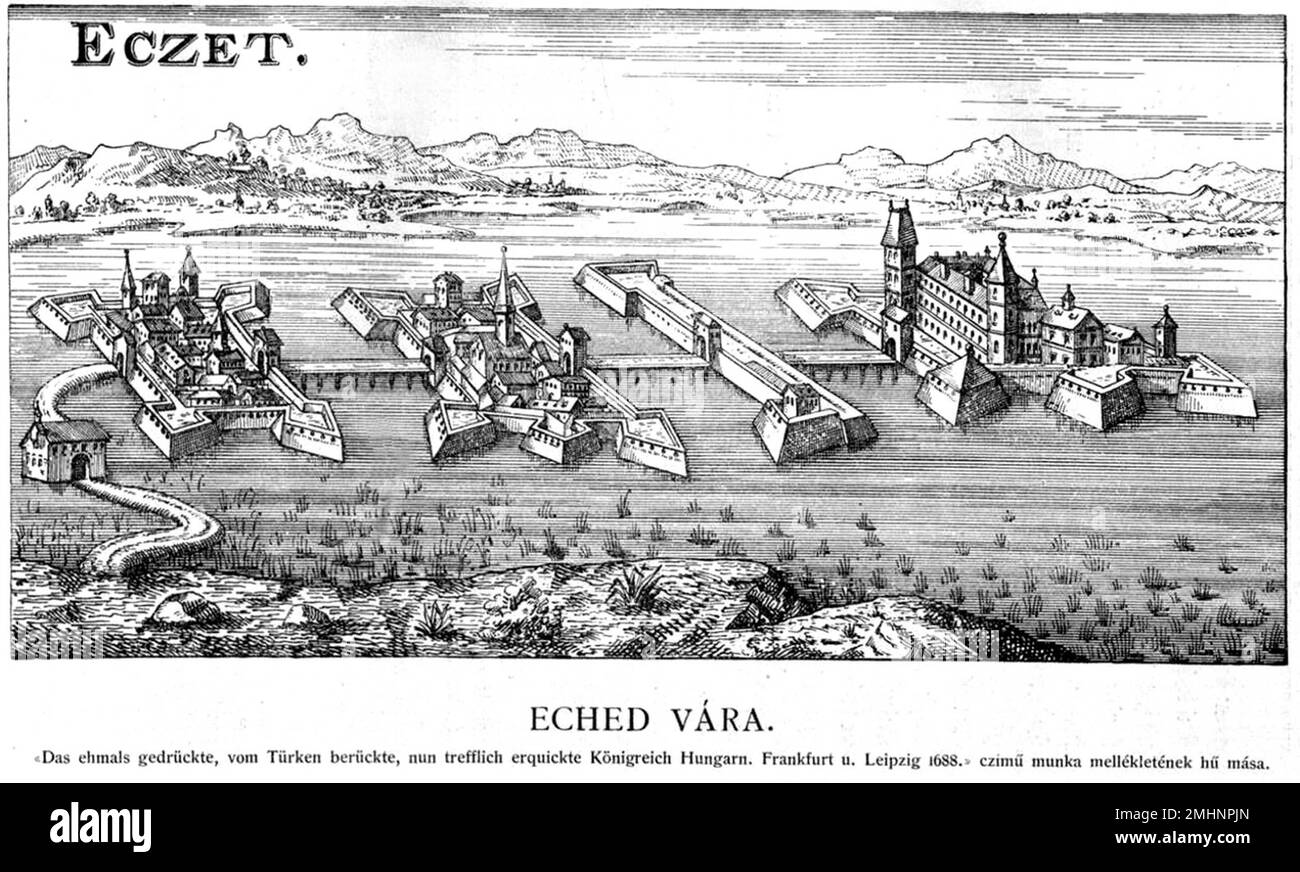 View of Ecsed Castle in 1688. Engraving by the Pest copper engraver Gottfried Prixner Stock Photo