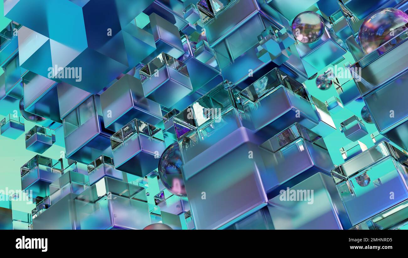 Sci fi technology background, Abstract cubic pattern, 3d solid geometry, geometric cubes and spheres, Banner Glass, Realistic, metallic and glass shap Stock Photo