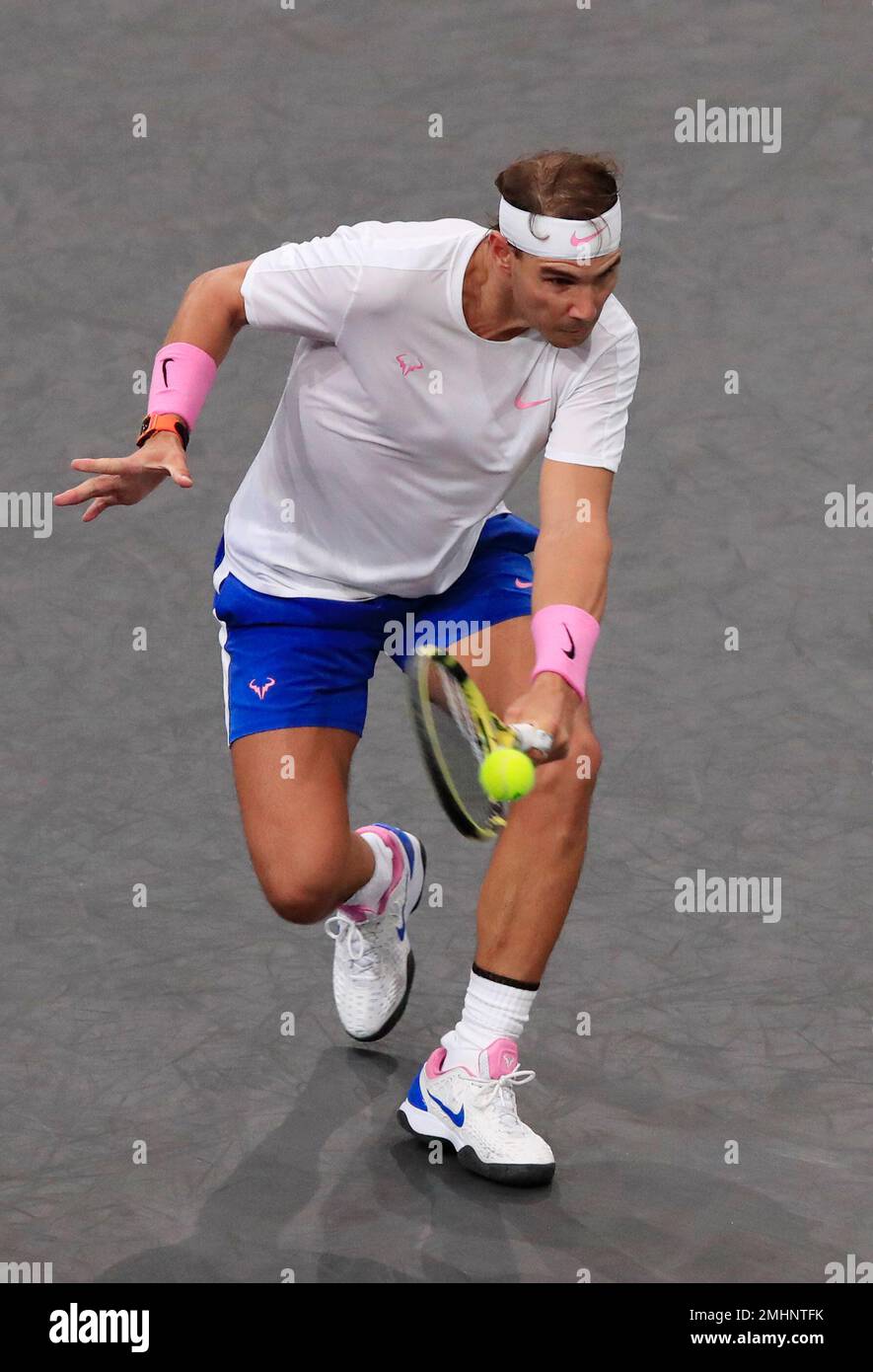Spains Rafael Nadal returns the ball to Frances Adrian Mannarino during the 2nd round match of the Paris Masters tennis tournament in Paris, France, Wednesday, Oct