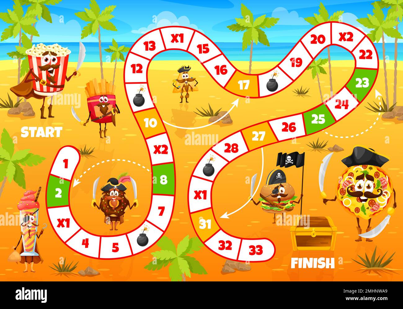 Kids board step game cartoon captain and pirates fastfood characters on treasure island. Vector