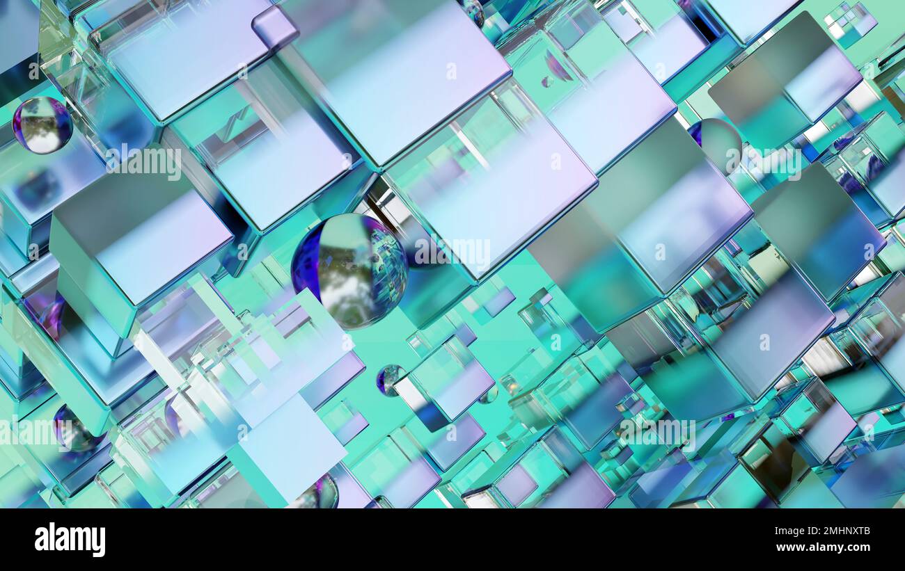 Sci fi technology background, Abstract cubic pattern, 3d solid geometry, geometric cubes and spheres, Banner Glass, Realistic, metallic and glass shap Stock Photo