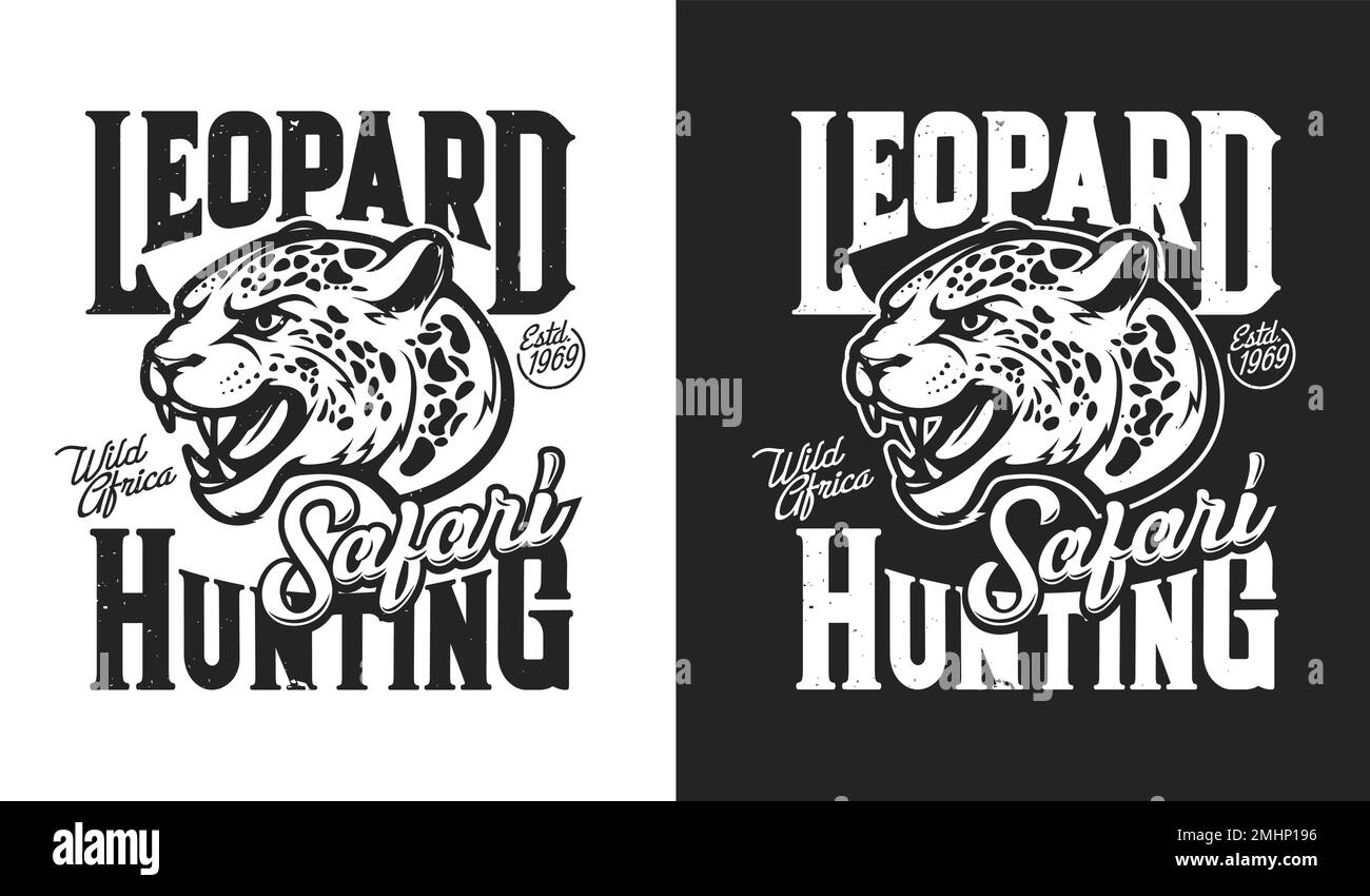 Powerful leopard mascot, hunting safari sport t-shirt print and hunters