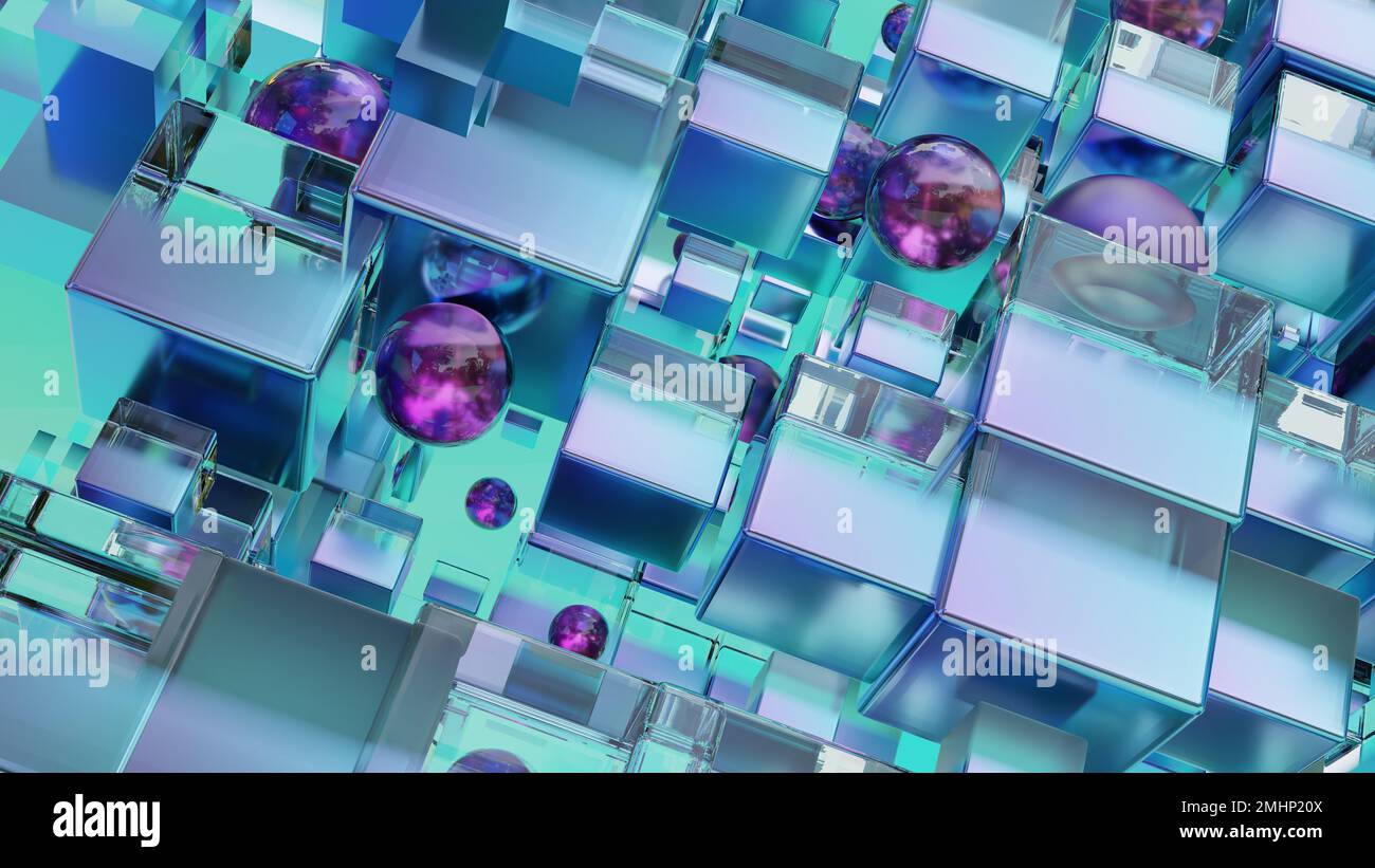 Sci fi technology background, Abstract cubic pattern, 3d solid geometry, geometric cubes and spheres, Banner Glass, Realistic, metallic and glass shap Stock Photo