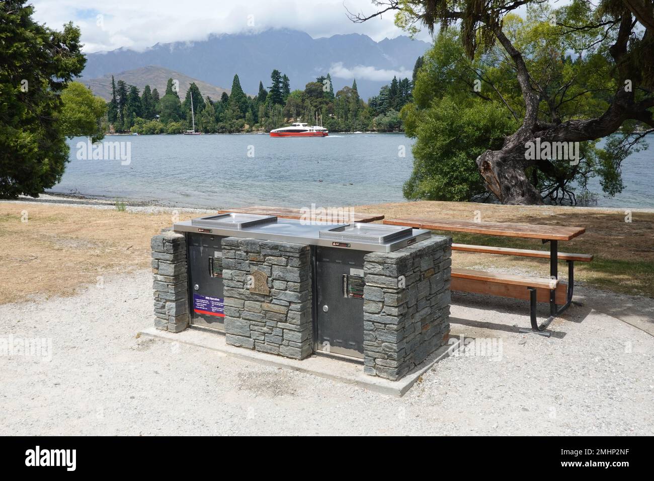 Public BBQ Saint Omer Park, on the shores of Lake Wakatipu Queenstown, New Zealand Stock Photo