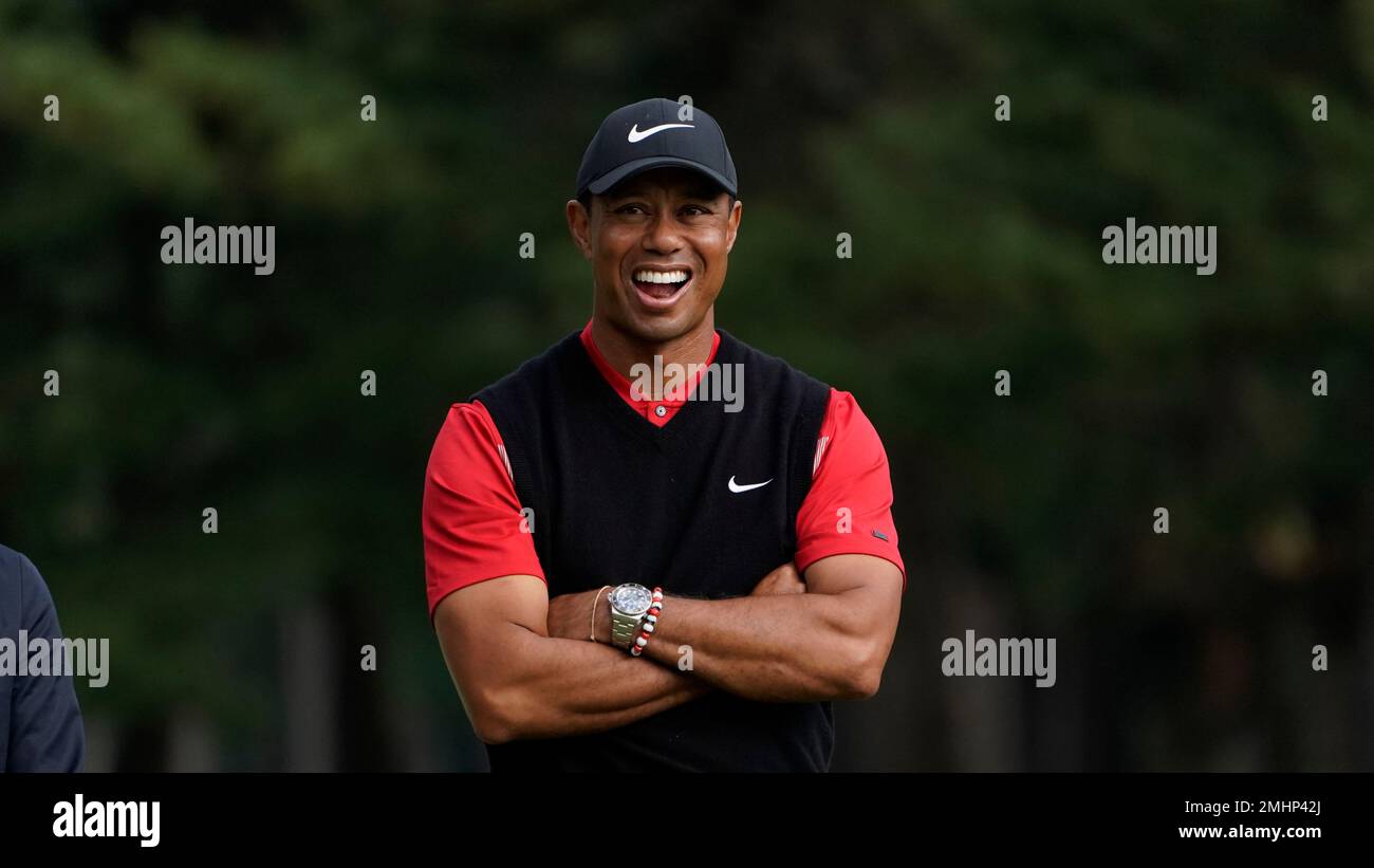 Tiger Woods of the United States smiles during a winners ceremony after winning the Zozo Championship PGA Tour at the Accordia Golf Narashino country club in Inzai, east of Tokyo, Japan, Monday,