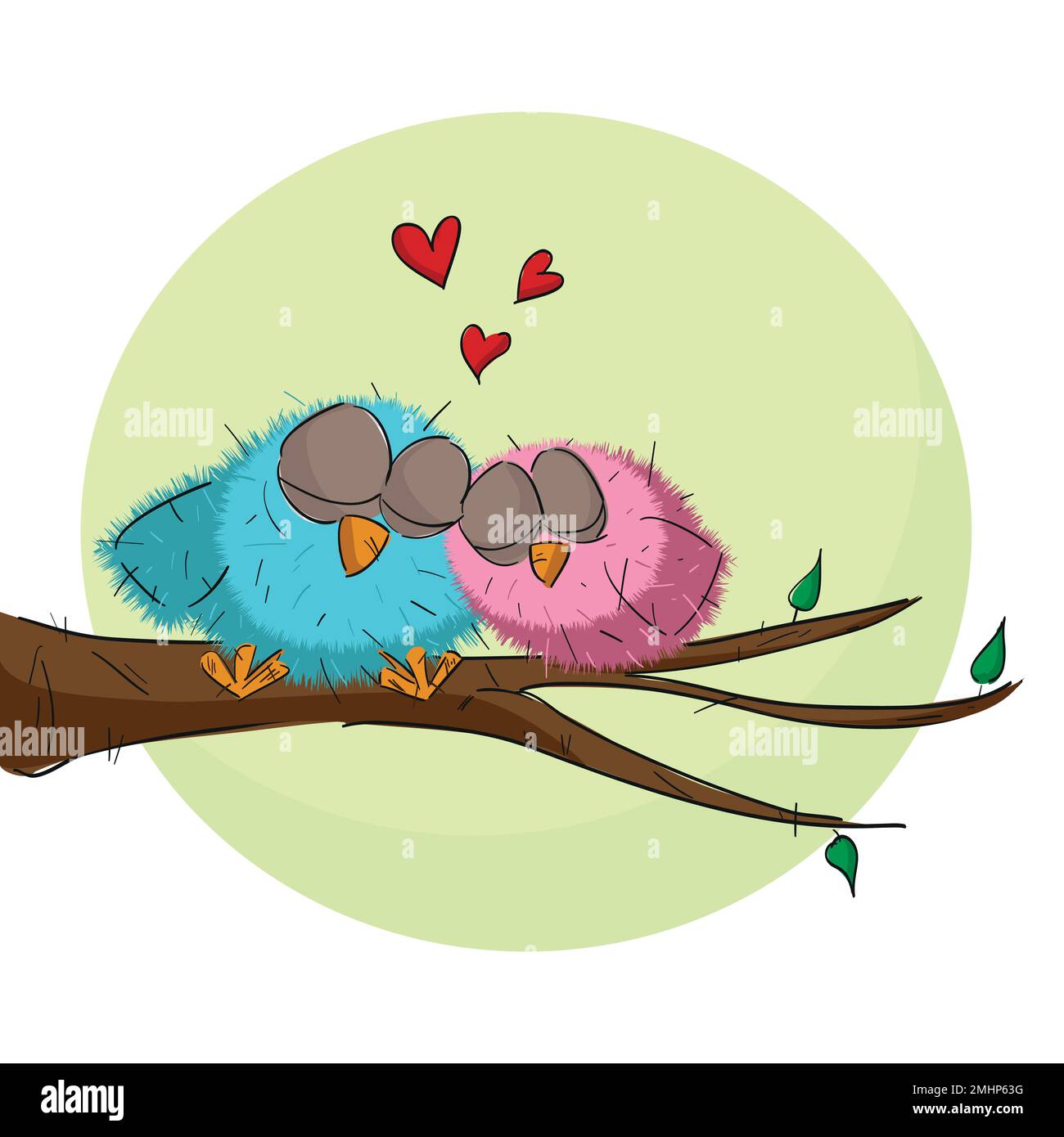 Cute illustration of two loving birds on a tree branch with a large moon in the background. Valentine's Day Card Stock Vector