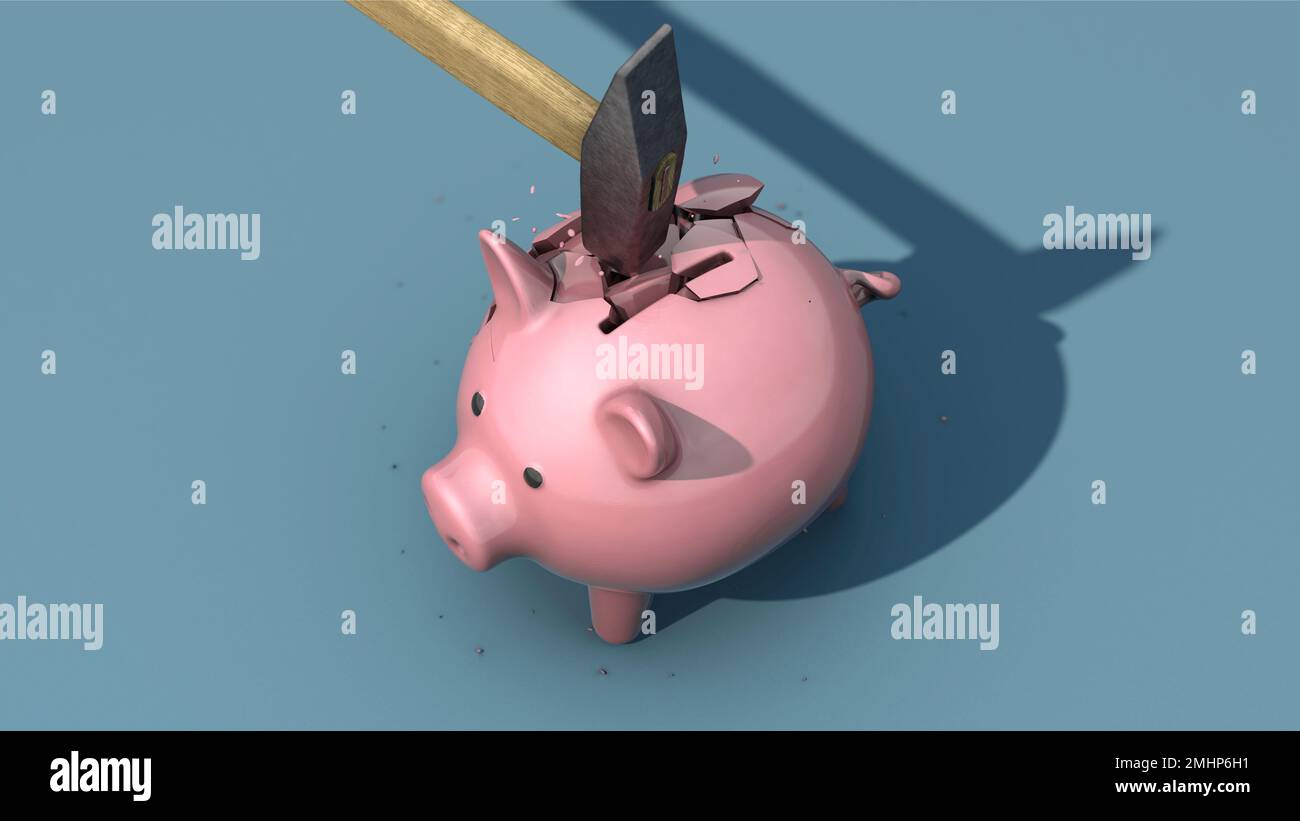 Hammer smashes piggy bank Stock Photo