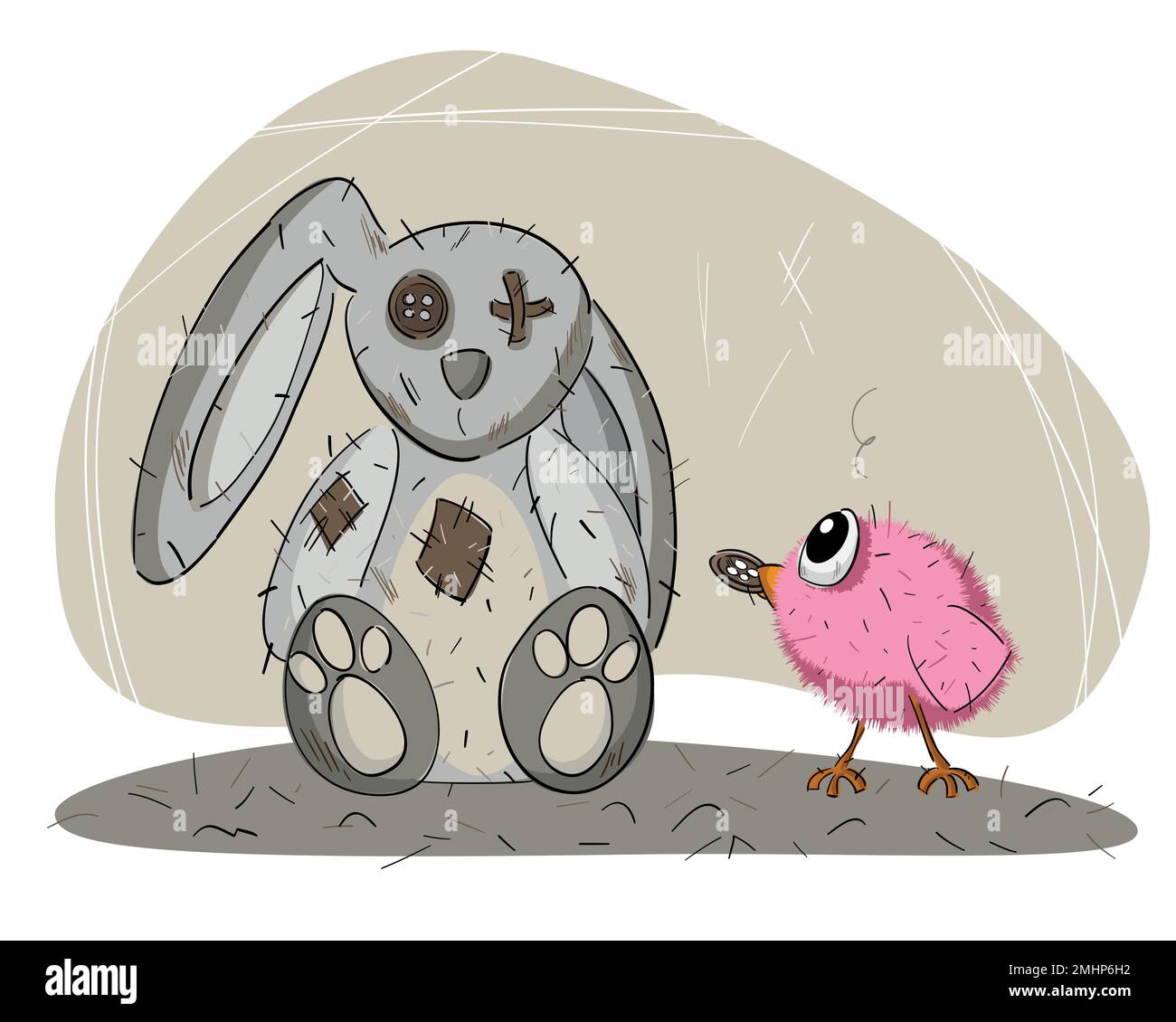 Cute and tender vector drawing of a little bird and a stuffed bunny. Illustration about good feelings, love and respect for others Stock Vector