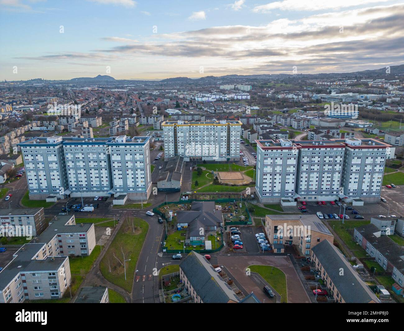 Aerial view of housing estate at Wester Hailes in Edinburgh, Scotland