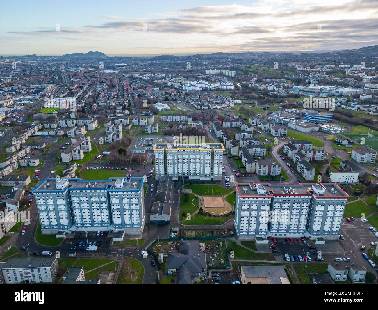 Aerial view of housing estate at Wester Hailes in Edinburgh, Scotland