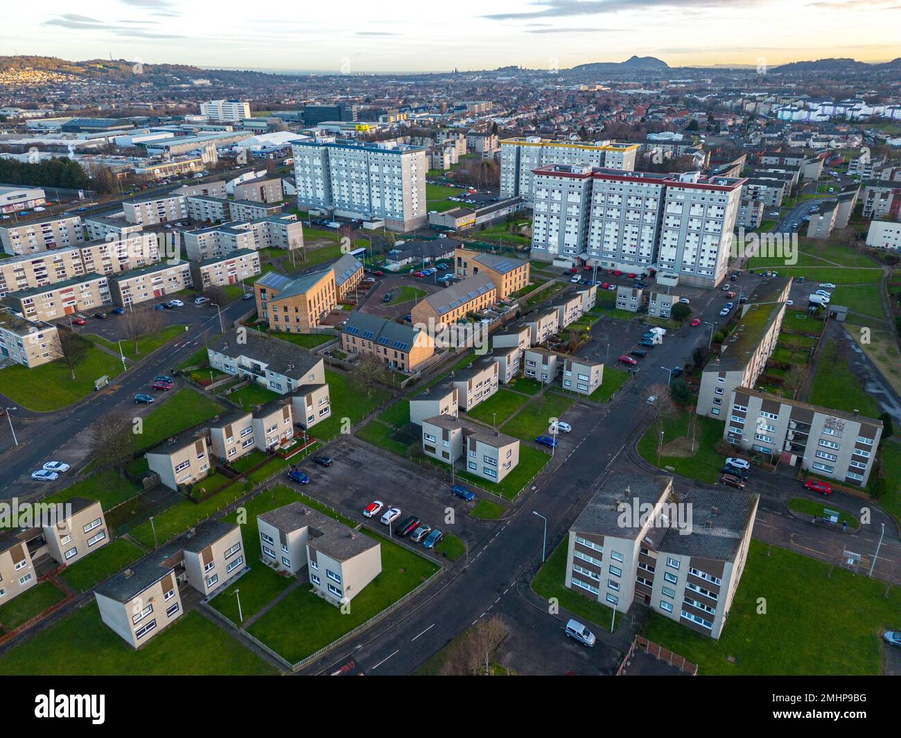 Aerial view of housing estate at Wester Hailes in Edinburgh, Scotland
