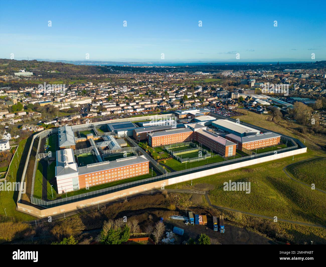 Aerial view of HMP Edinburgh prison in Edinburgh, Scotland, UK Stock Photo