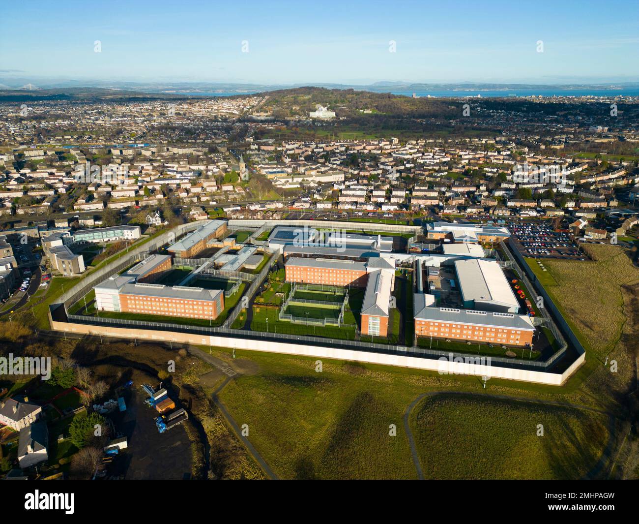 Aerial view of HMP Edinburgh prison in Edinburgh, Scotland, UK Stock Photo