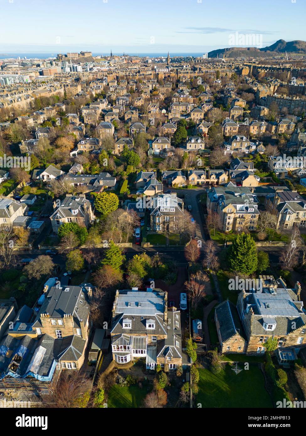 Aerial view of large houses in wealthy Merchiston district of Edinburgh, Scotland, UK Stock Photo