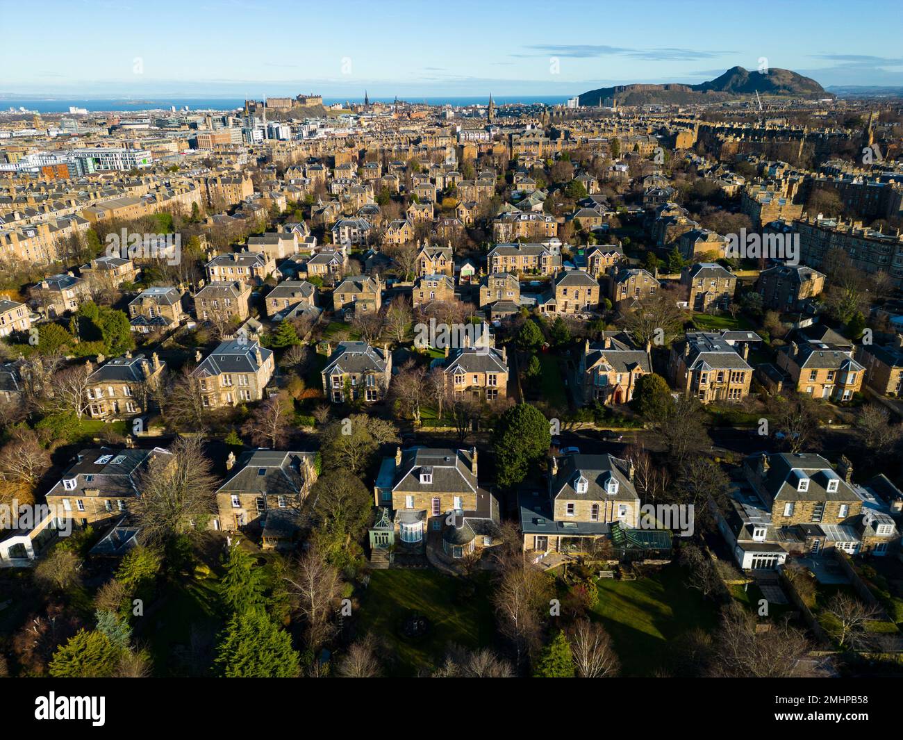 Aerial view of large houses in wealthy Merchiston district of Edinburgh, Scotland, UK Stock Photo