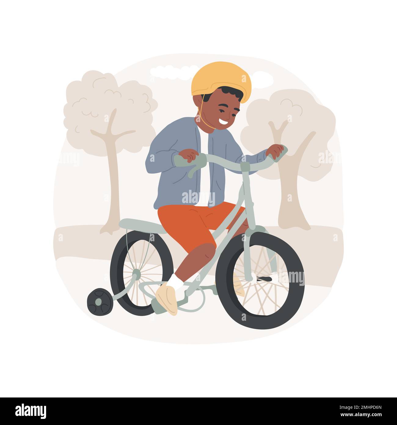 Bike training isolated cartoon vector illustration. Smiling kid on a