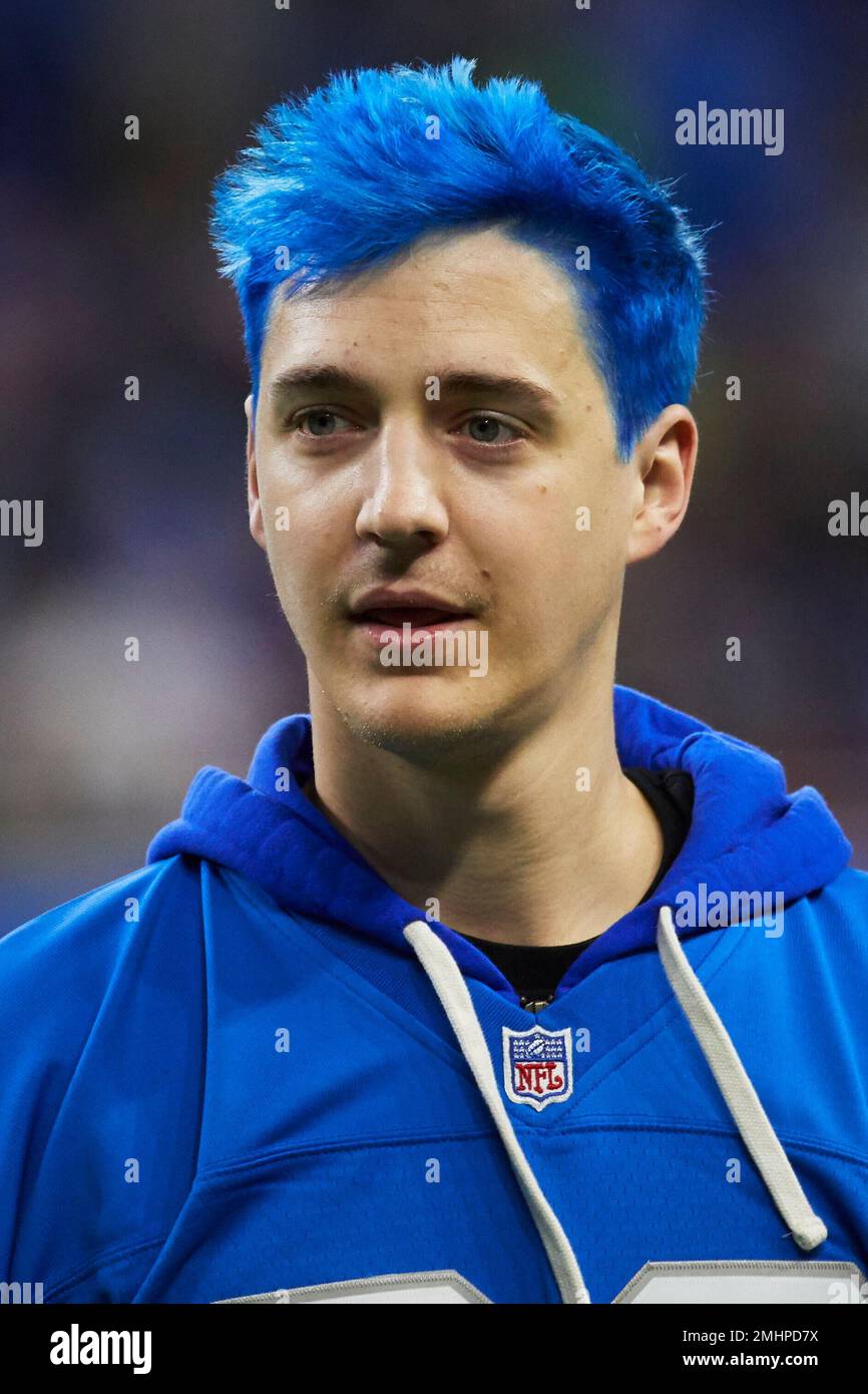 Richard Tyler Blevins, better known by his online alias Ninja during  pregame of an NFL football game between the Detroit Lions and the New York  Giants , Sunday, Oct. 27, 2019, in