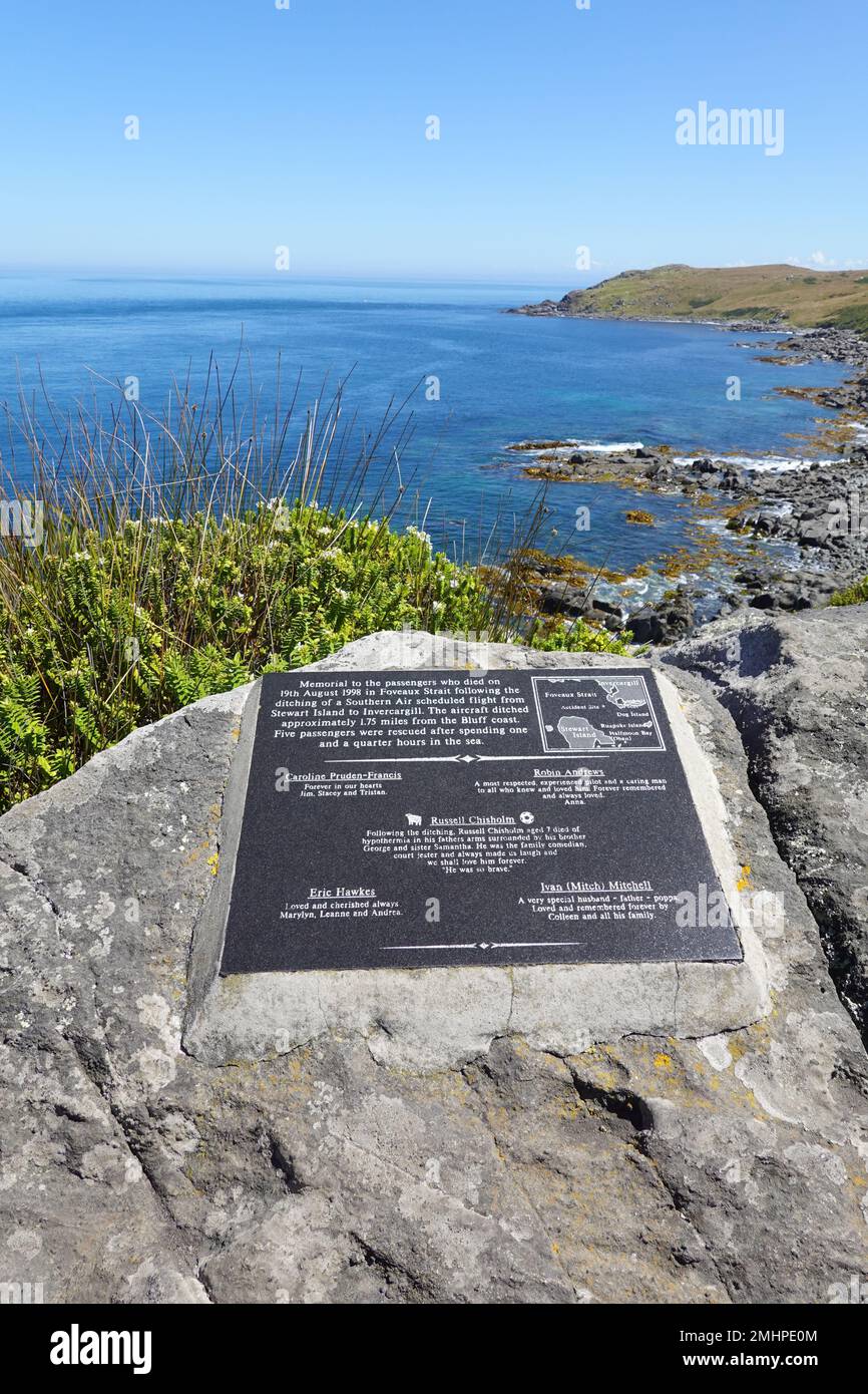 Memorial to the five people who died in the Southern Air Cessna accident in 1998 returning from Stewart Island  to Invercargill, New Zealand Stock Photo