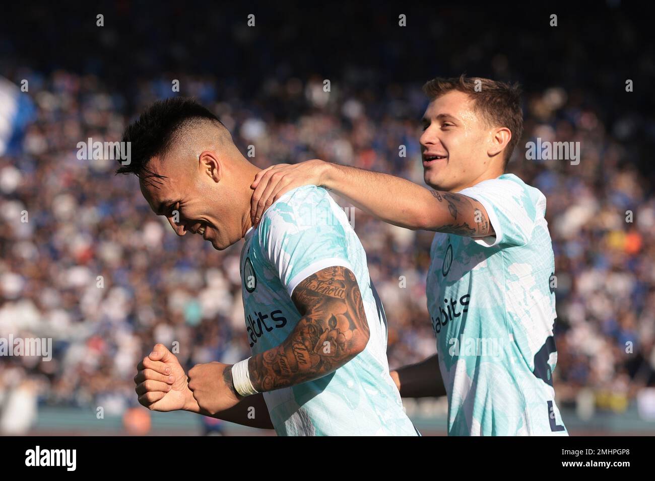 Bergamo, Italy, 13th November 2022. Lautaro Martinez of FC Internazionale celebrates with team mate Nicolo Barella after his header was turned into his own net by Jose Palomino of Atalanta to give the visitors a 3-1 lead during the Serie A match at Gewiss Stadium, Bergamo. Picture credit should read: Jonathan Moscrop / Sportimage Stock Photo