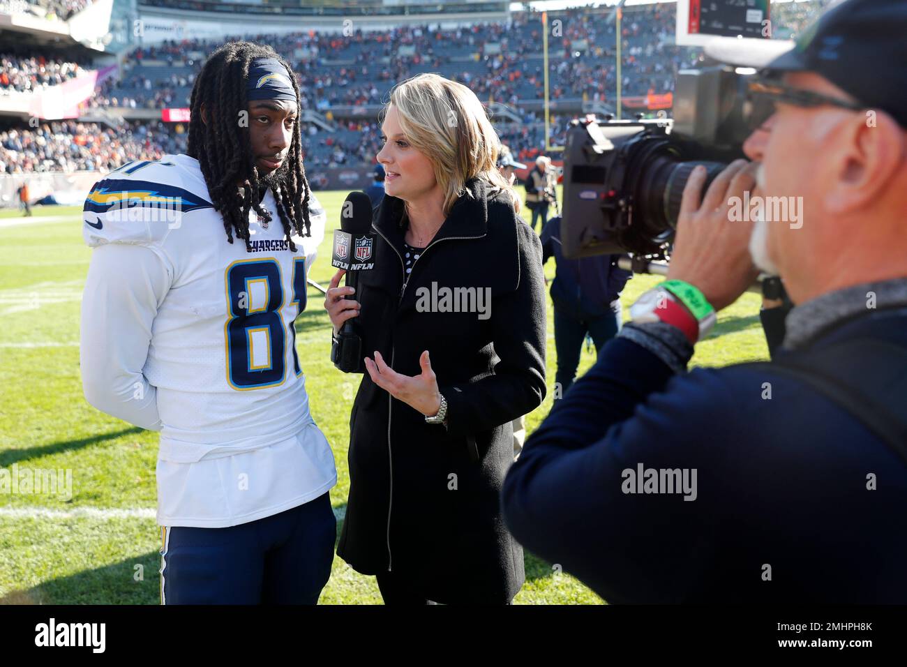 NFL Network sideline reporter Stacey Dales, right, interviews Los