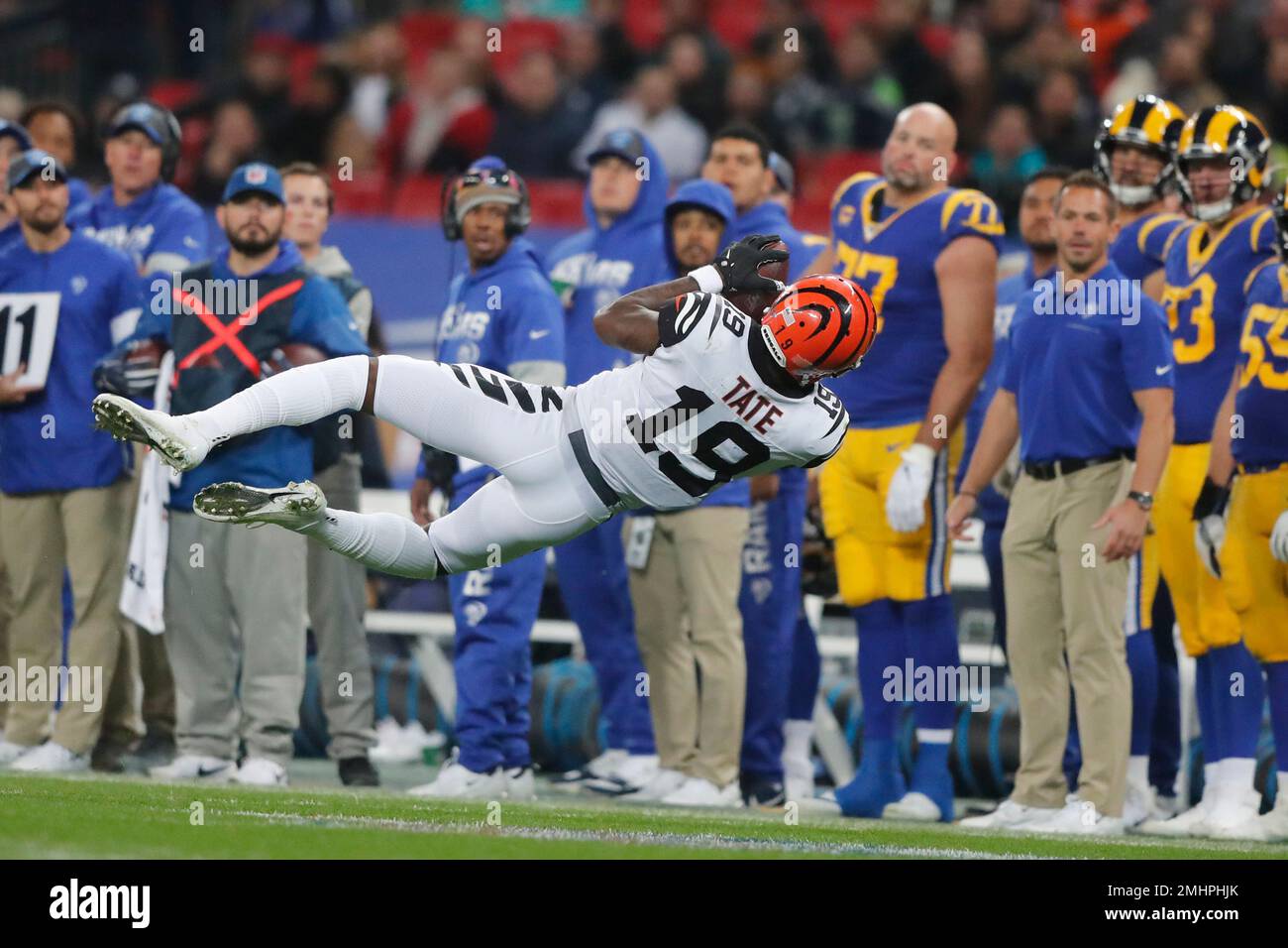 Oakland, California, USA. 17th Nov, 2019. Cincinnati Bengals wide receiver Auden  Tate (19) was taken off the field after getting hurt in a play with Oakland  Raiders safety Curtis Riley (35), during