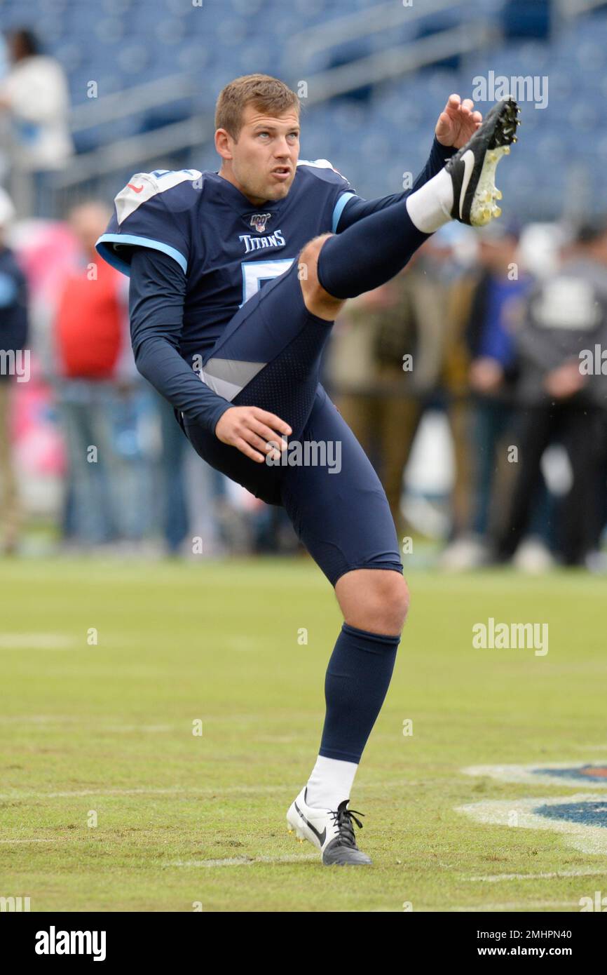 Tennessee Titans punter Brett Kern warms up before an NFL football
