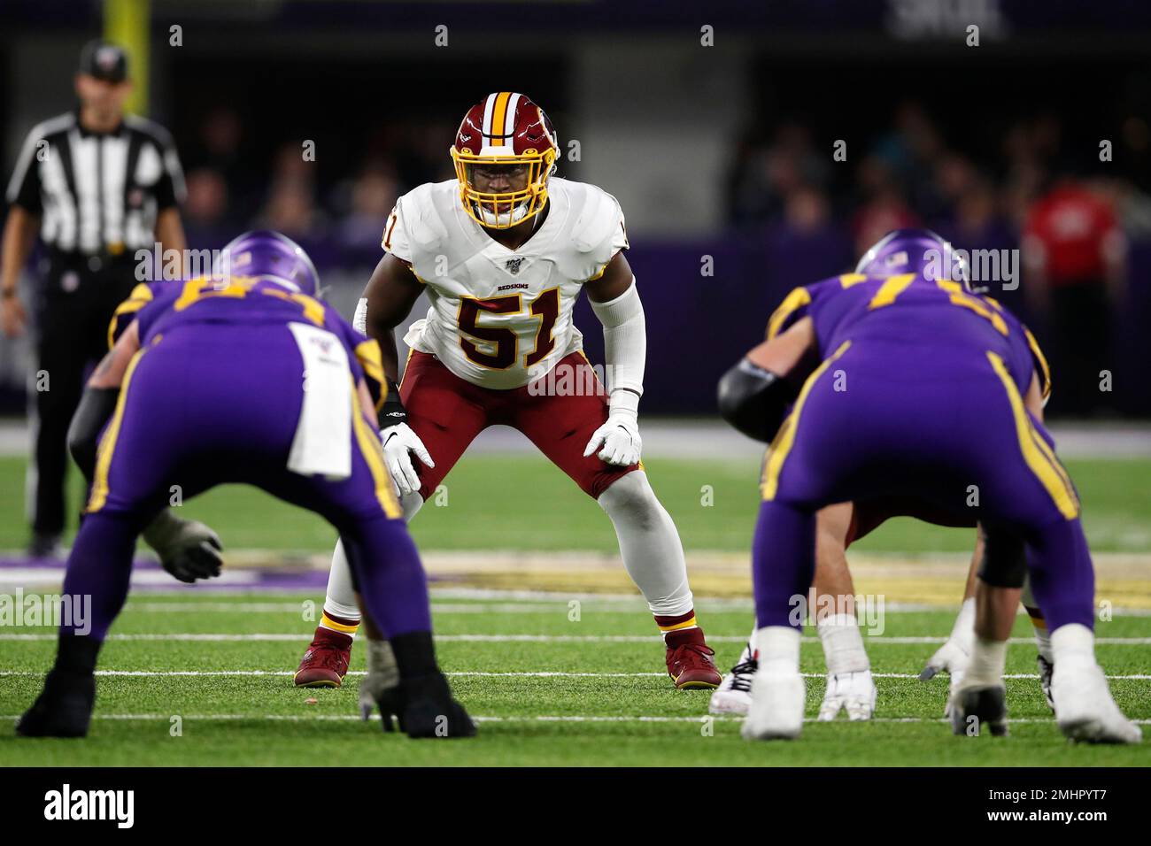 Washington Redskins linebacker Shaun Ryan Anderson (51) lines up against  the Minnesota Vikings during an NFL football game, Thursday, Oct. 24, 2019,  in Minneapolis. (Jeff Haynes/AP Images for Panini Stock Photo - Alamy