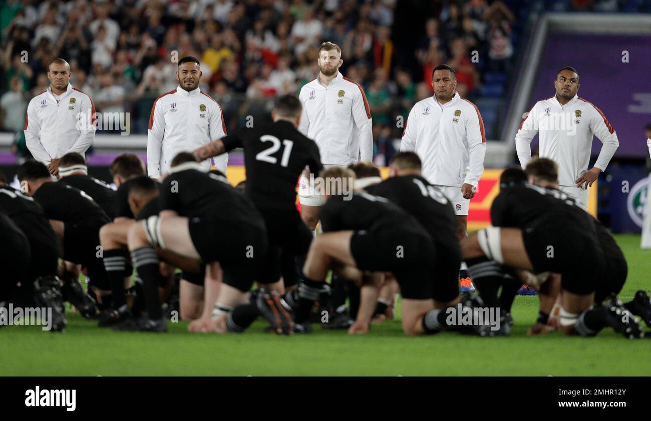 England players watch the All Blacks perform their haka during the Rugby World Cup semifinal at International Yokohama Stadium between New Zealand and England in Yokohama, Japan, Saturday, Oct