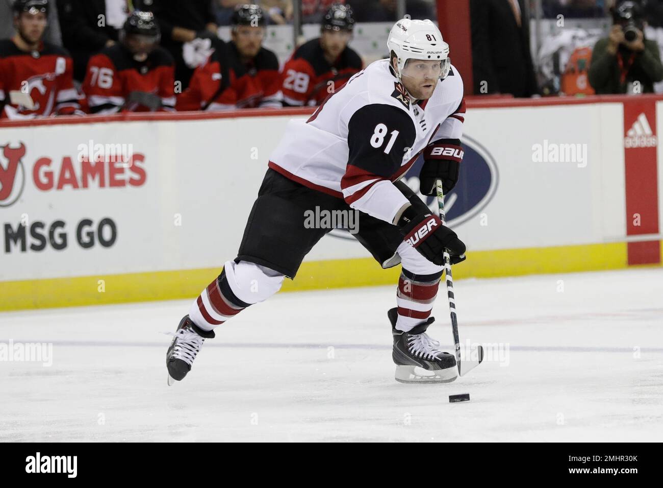 Arizona Coyotes' Phil Kessel (81) during the second period of an NHL hockey  game against the New Jersey Devils Friday, Oct. 25, 2019, in Newark, N.J.  (AP Photo/Frank Franklin II Stock Photo - Alamy