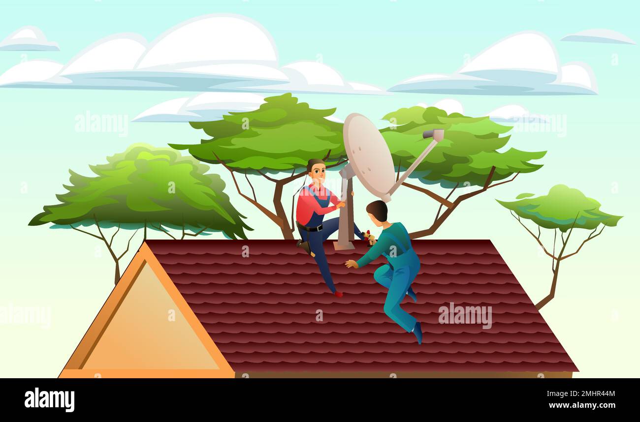 Workers work on roof. Two workers install a satellite dish on the roof. Antenna for television and internet. Against backdrop of trees and sky Stock Vector