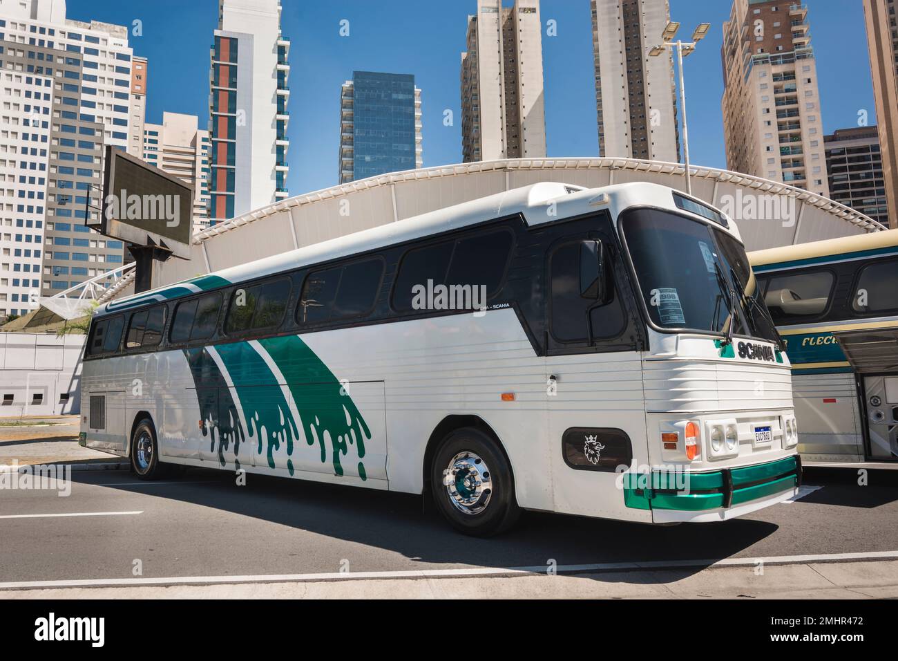 Bus vehicle CMA Padron Scania K113CL 1996 on display at Bus Brasil Fest 2022 show, held in the city of Barueri. Stock Photo